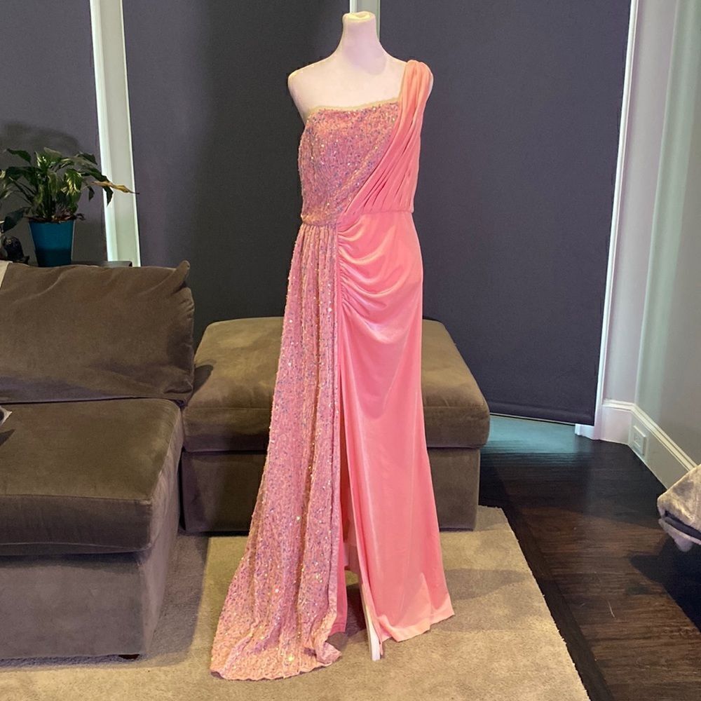 Women’s Full Length One Shoulder Pink Velvet Sequined Dress Leg Slit Size 12